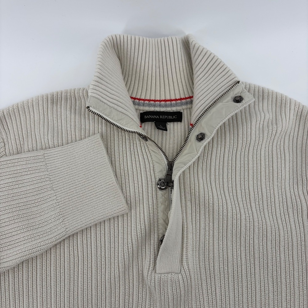 Banana Republic Mens Pullover‎ Sweater L Ivory Quarter Zip Ribbed Knit Casual